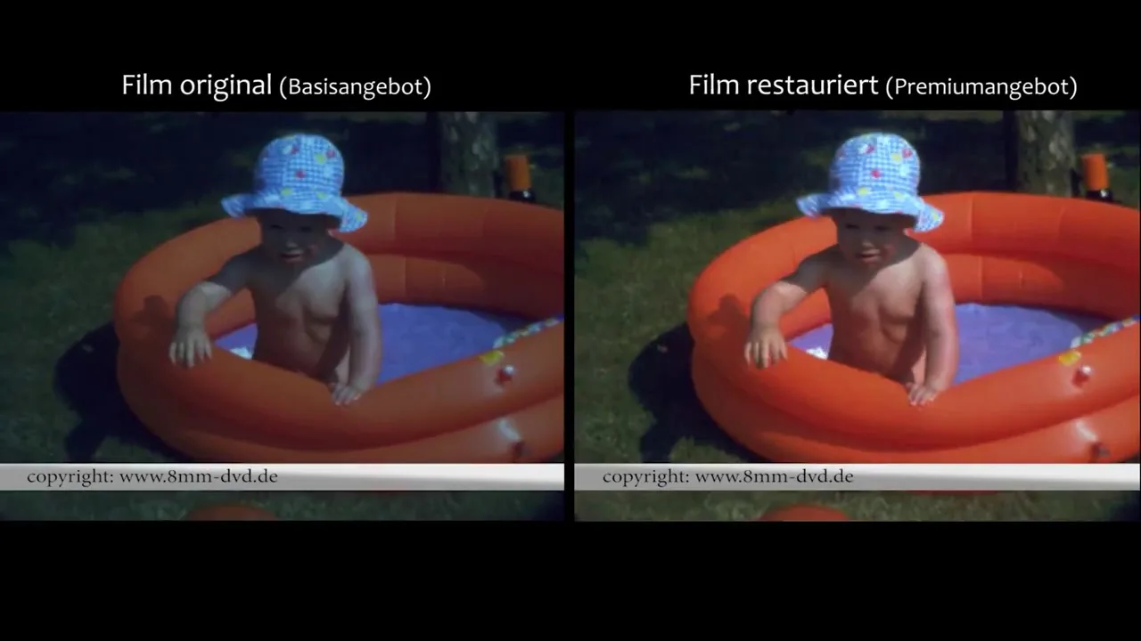 Bildvergleich: links der Film im Originalzustand (Basisangebot), rechts restauriert (Premiumangebot) – Kind im orangefarbenen Planschbecken